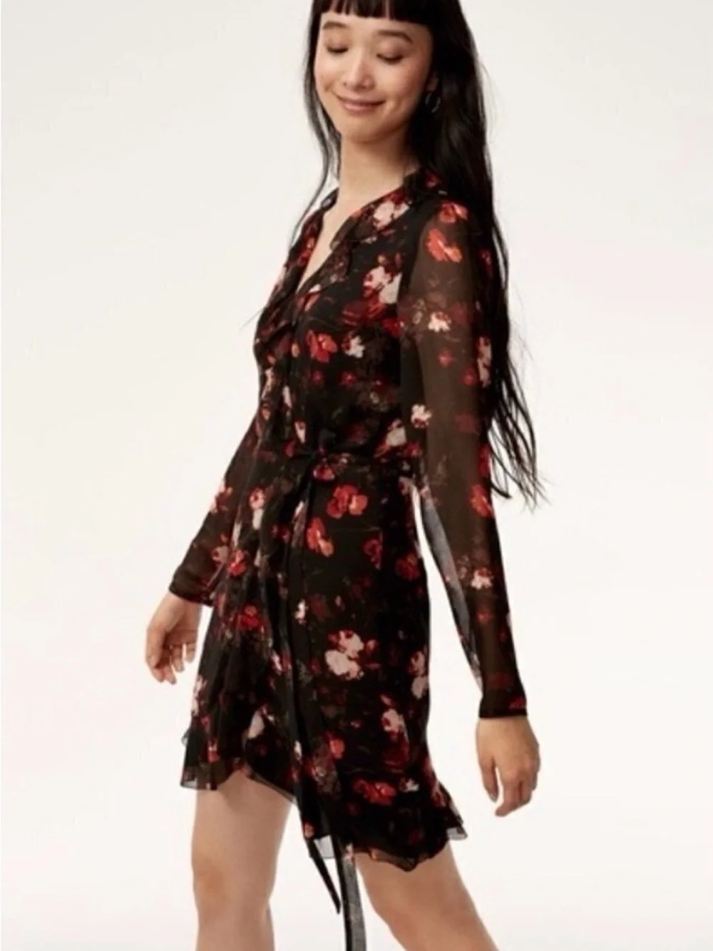 Aritzia Wilfred Louise Black and red Floral Ruffle Wrap Dress, size XS boho chic